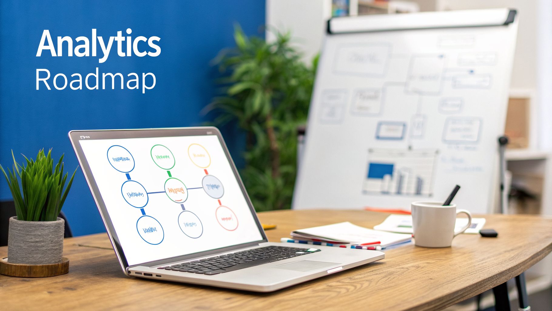 A laptop displaying an analytics roadmap flowchart on a wooden desk with a plant and whiteboard.