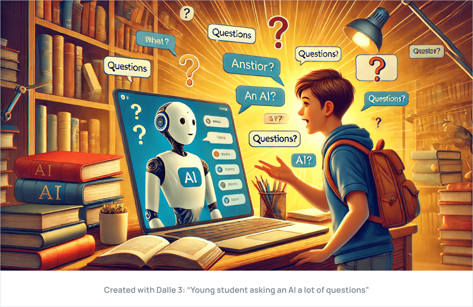 Created with Dalle 3: “Young student asking an AI a lot of questions”