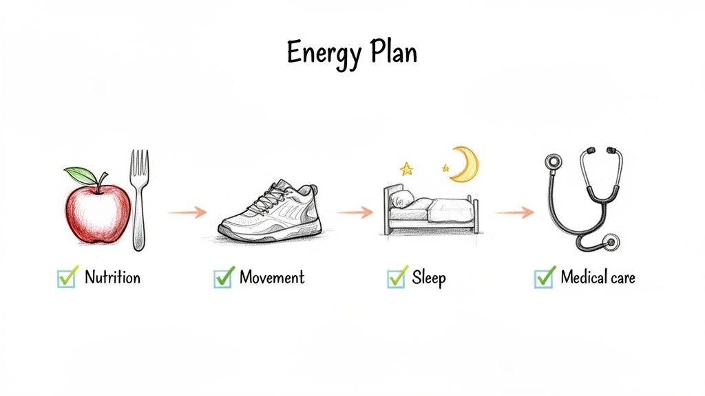 An 'Energy Plan' infographic showing four steps: Nutrition, Movement, Sleep, and Medical Care.
