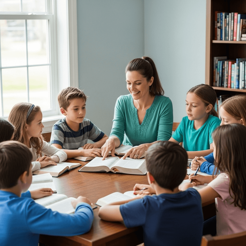 A teacher sitting at a table with a group of children, reading and discussing from open books during a small group learning session