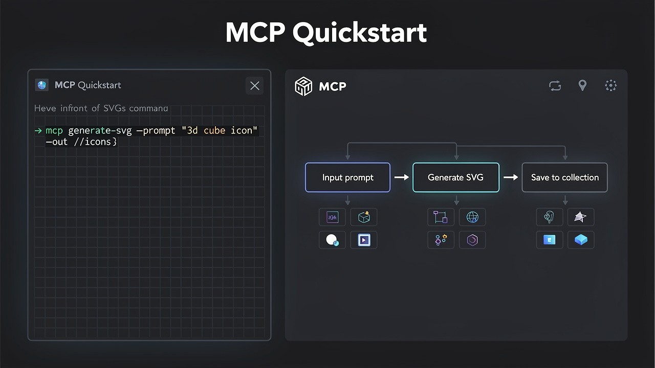 Developer-style UI showing a command panel and an automation flow that generates and saves SVG icons from prompts