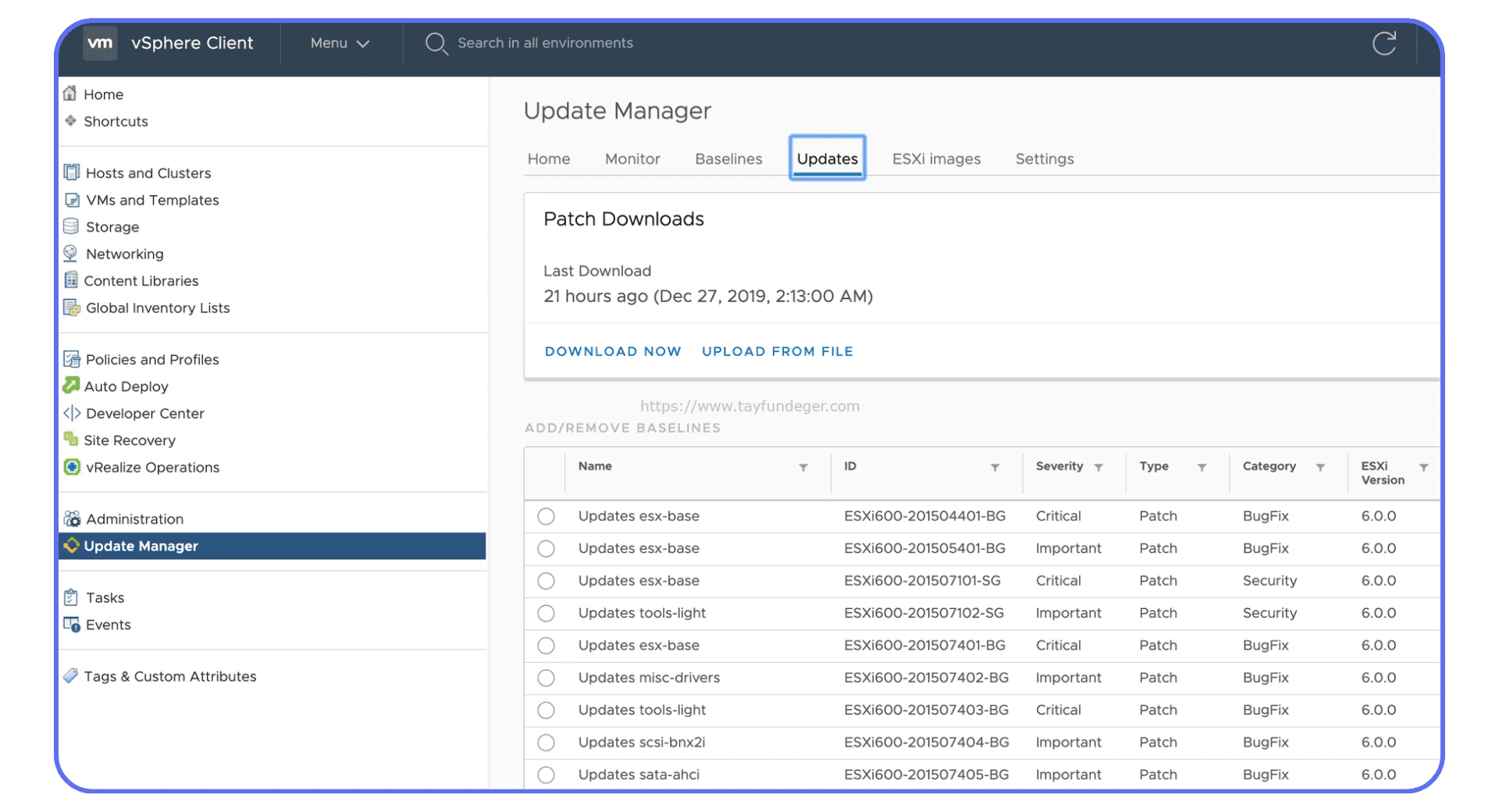 VMware vSphere Client Update Manager window showing patch downloads and available baseline updates.