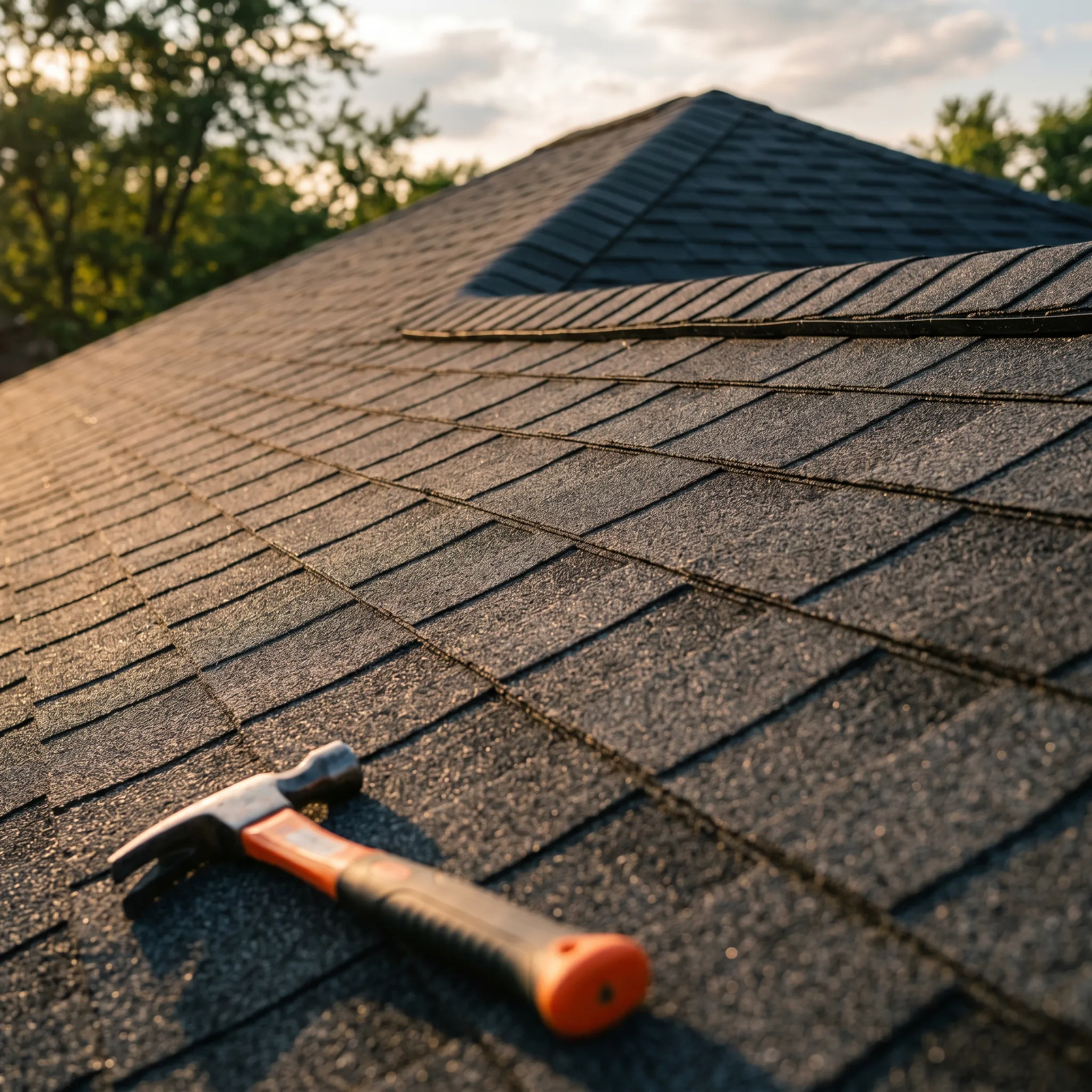 Claw hammer on dark shingle roof at golden hour.
