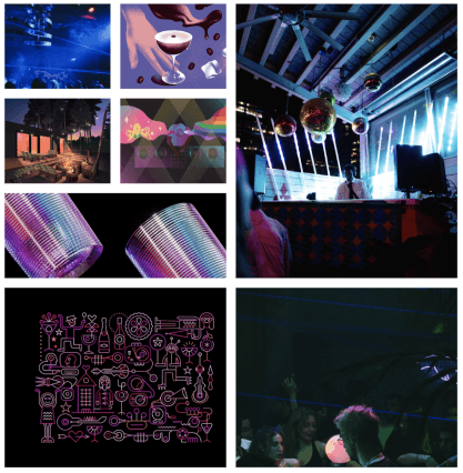 Mood board showcasing themes and colours of nightlife