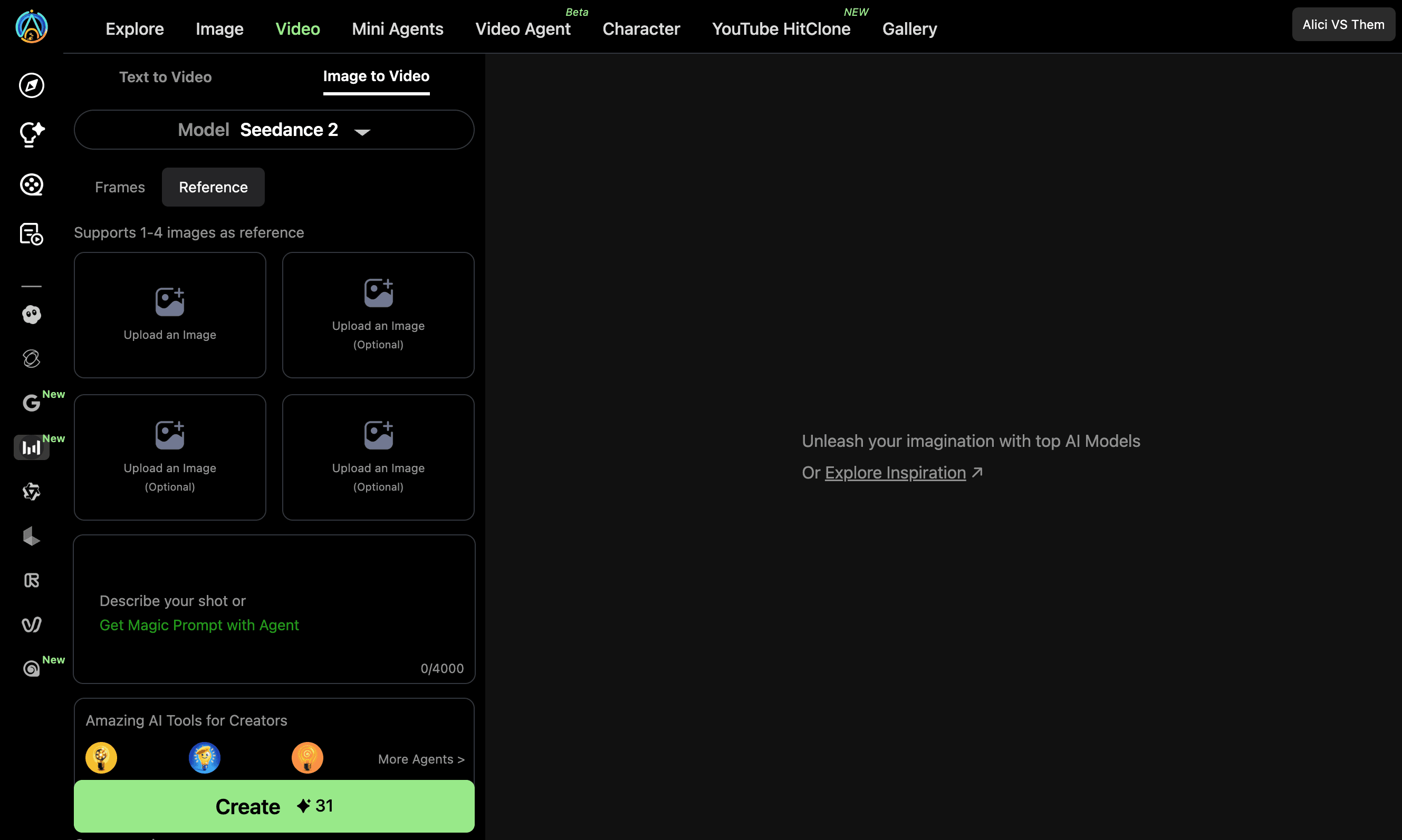 Seedance 2 Reference mode on Alici AI - supports 1 to 4 reference images