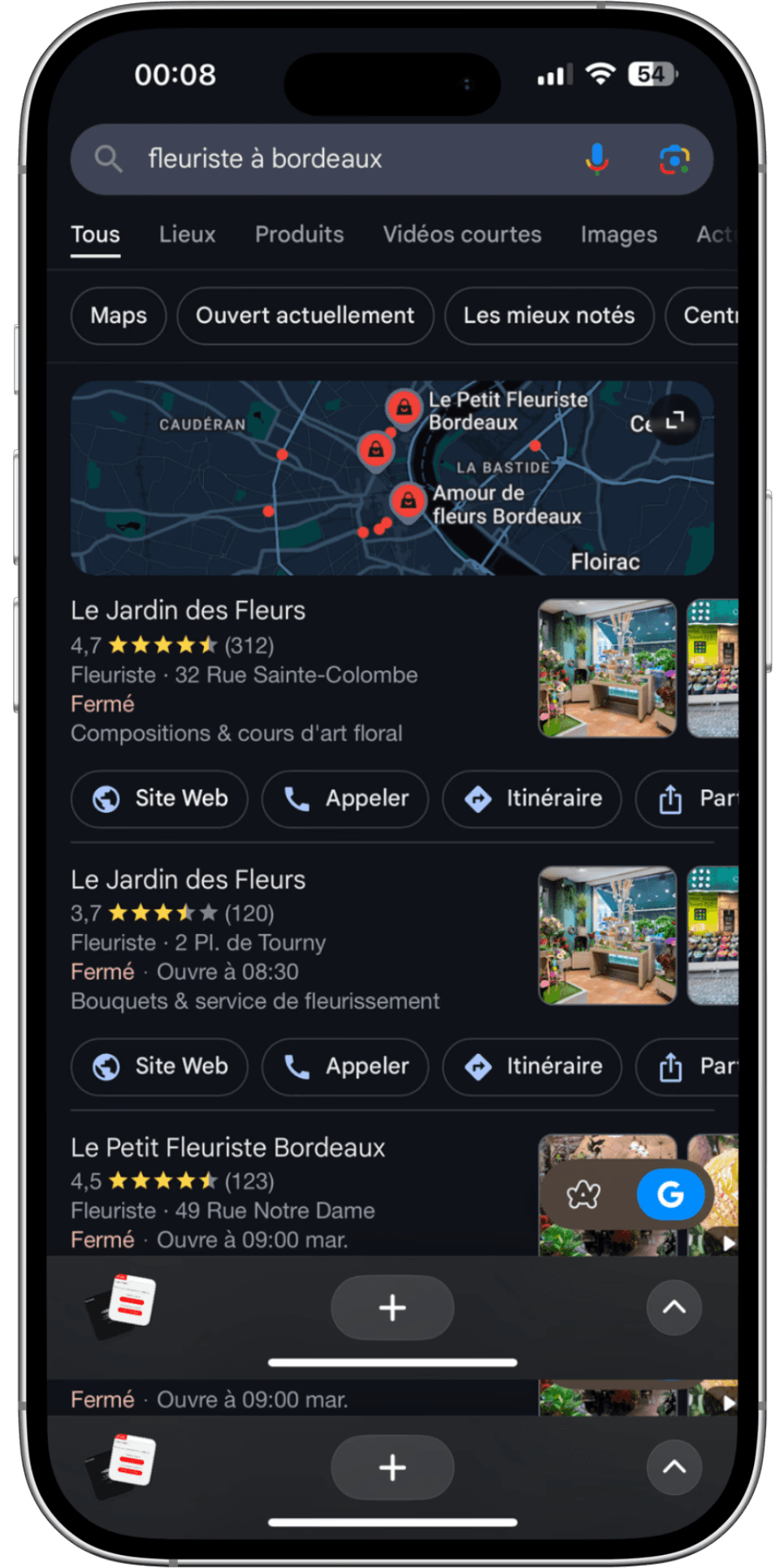 Search results for florists in Bordeaux, France.