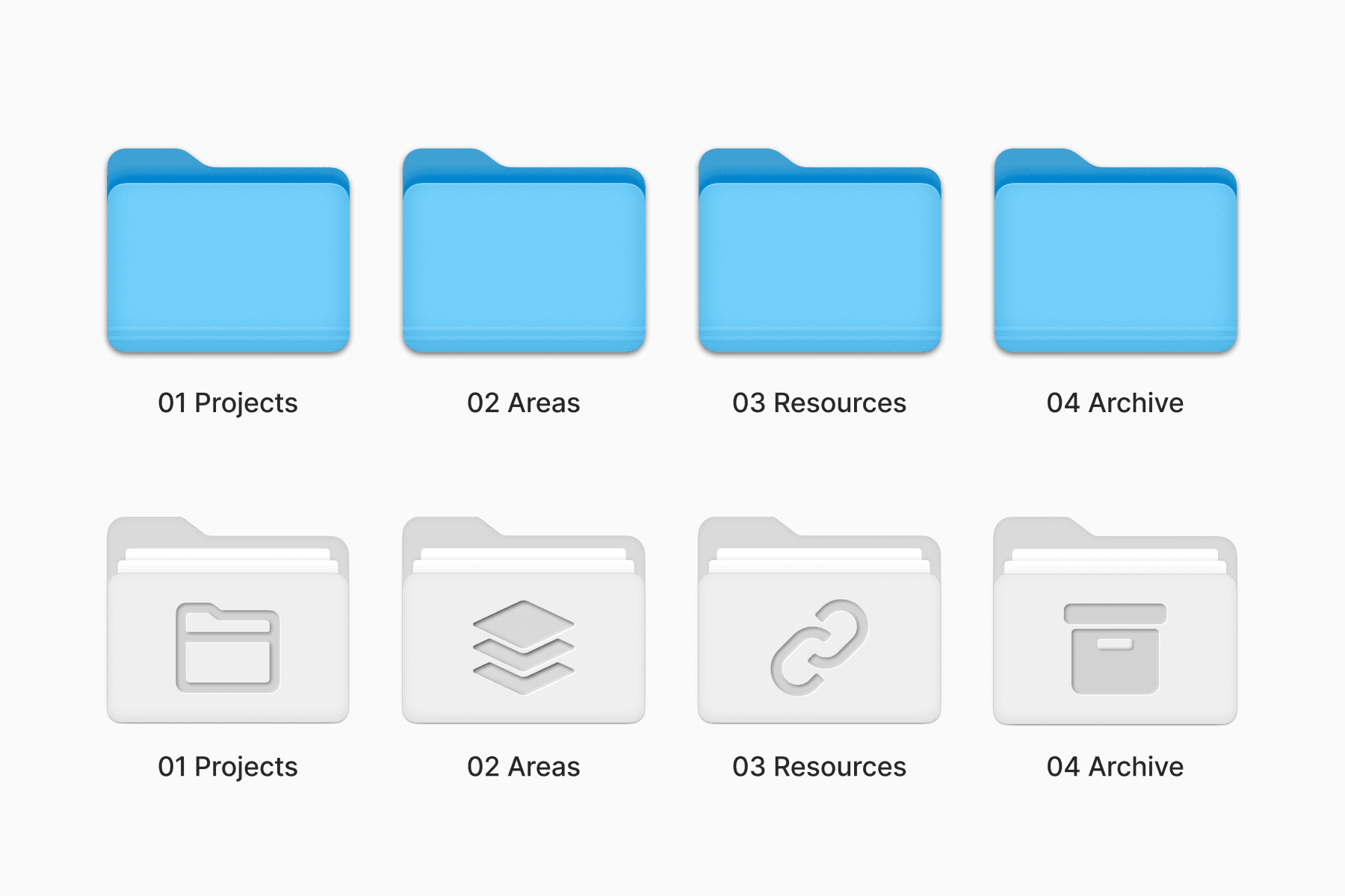 Mac desktop folders: original icons vs. custom folder icons.