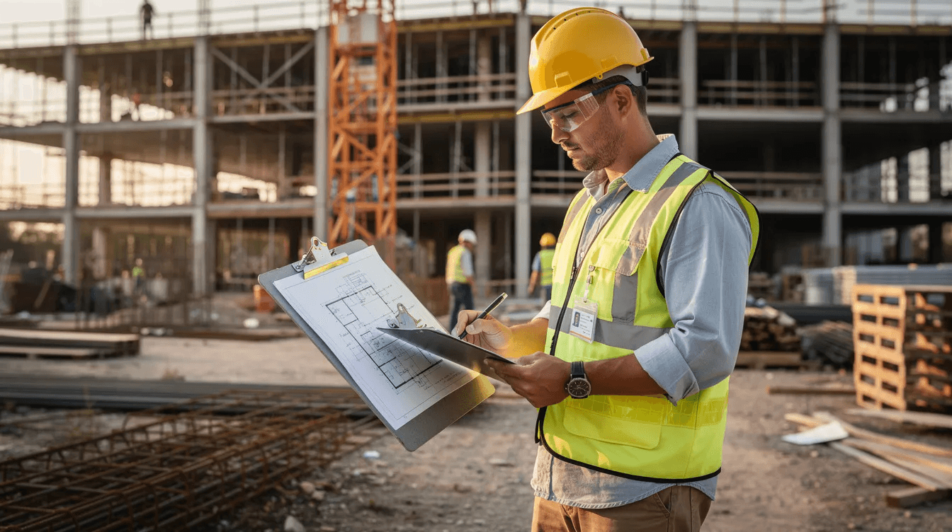 A building inspector is reviewing architectural plans on a clipboard at a construction site, ensuring compliance with building codes and safety regulations. This crucial step in the construction process helps aspiring contractors navigate the legal requirements necessary for successful residential construction projects.