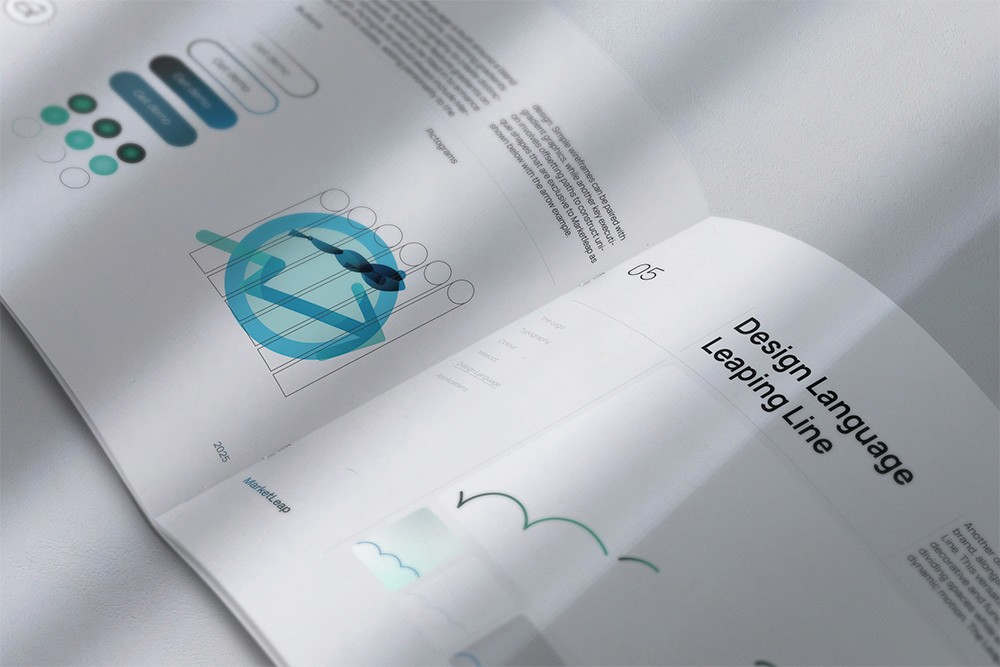 Open brand guideline booklet spread showing a page titled ‘05 Design Language Leaping Line’ on the right, and a diagram on the left combining abstract shapes including circles and lines in a layered style. The spread features visual elements in teal and dark blue, with minimal paragraph text. The section illustrates brand-specific design motifs