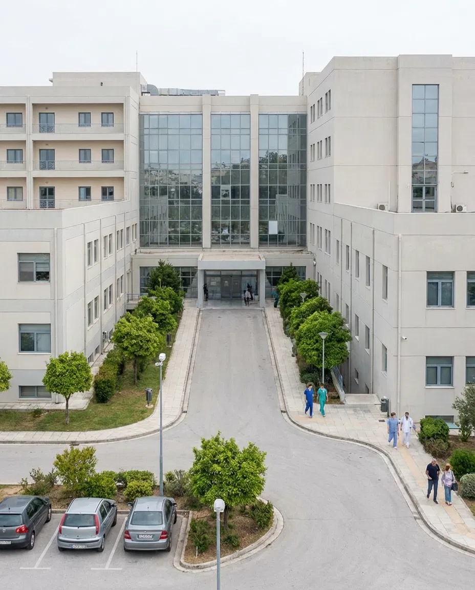Exterior view of a modern Greek hospital building resembling the Papanikolaou Hospital in Thessaloniki.