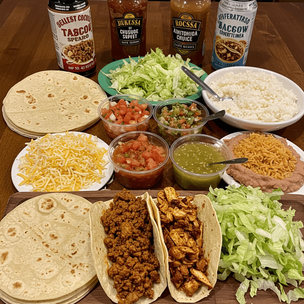 tortillas, tacos, lettuce, tomatoes, sauces, yellow rice for tacos