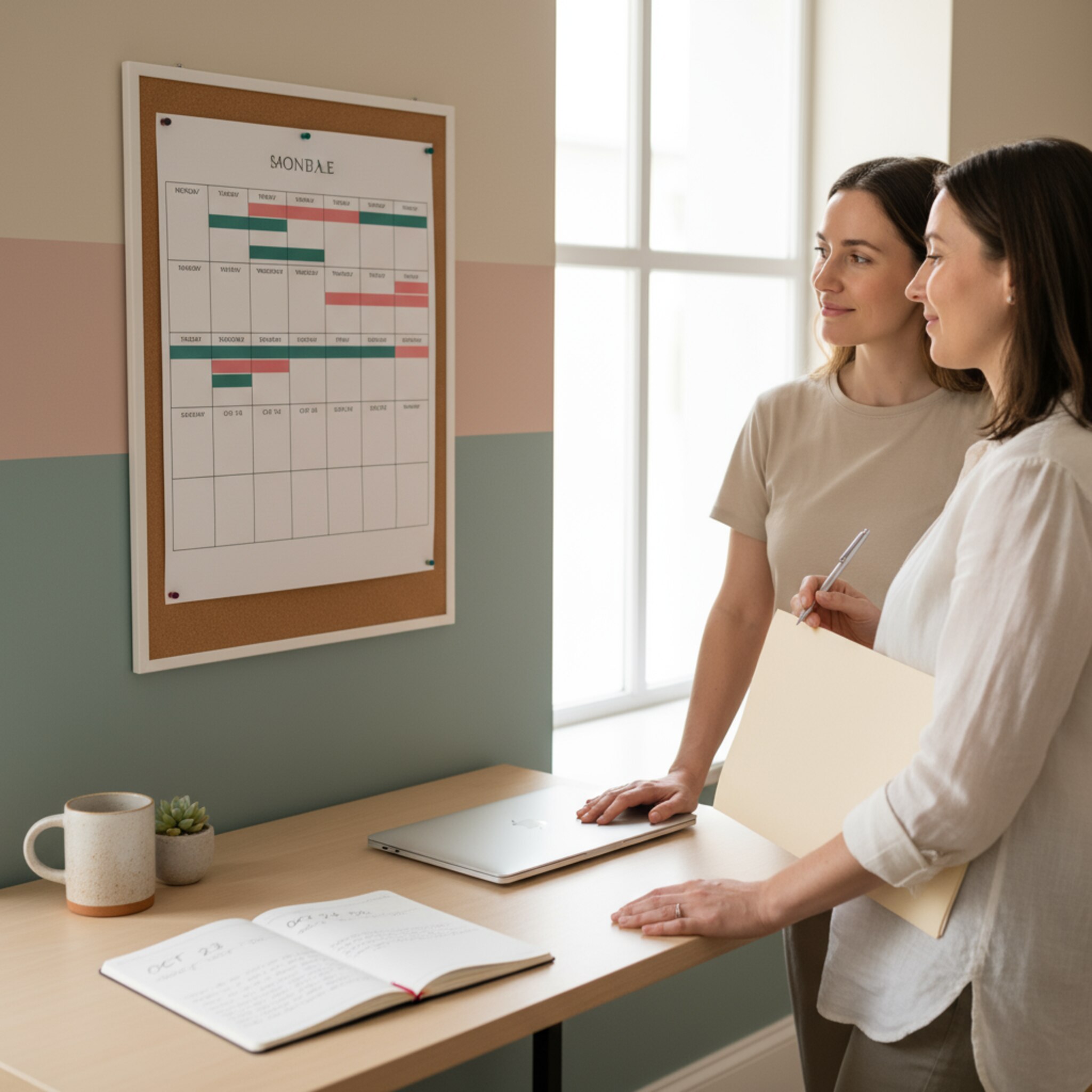 Im Büro hängt eine einfache Wochenübersicht an einer Korkwand, farbige Streifen markieren Trainer. Zwei Kolleginnen sprechen leise über Vertretungen und Termine. Ein Notizblock liegt offen mit sauber datierten Einträgen. Die Szene wirkt organisiert, ruhig und sehr professionell.