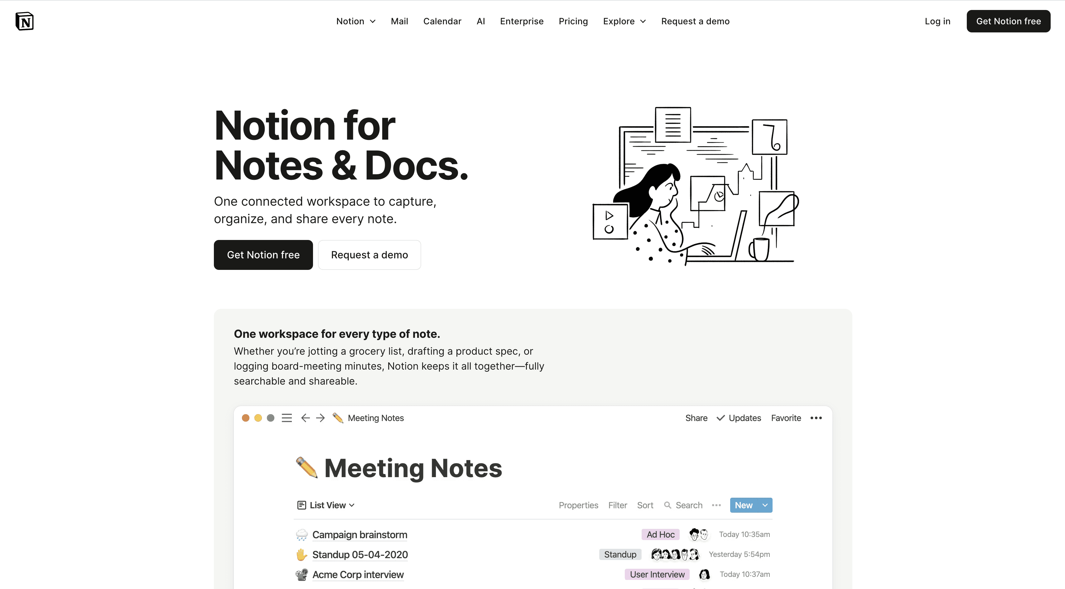 Screenshot of Notion note-taking app for Mac homepage. 