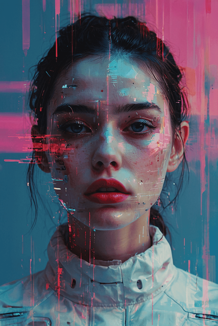 A woman with red lipstick and a digital face, showcasing a blend of beauty and technology.