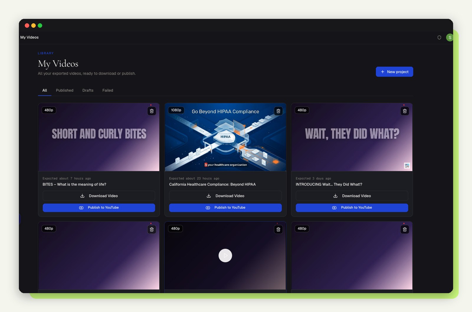 Podeo.ai video library with finished podcast videos ready to publish to YouTube