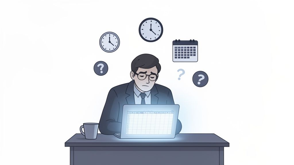 Stressed businessman at a desk, looking at a spreadsheet on his laptop, surrounded by clocks, a calendar, and question marks.
