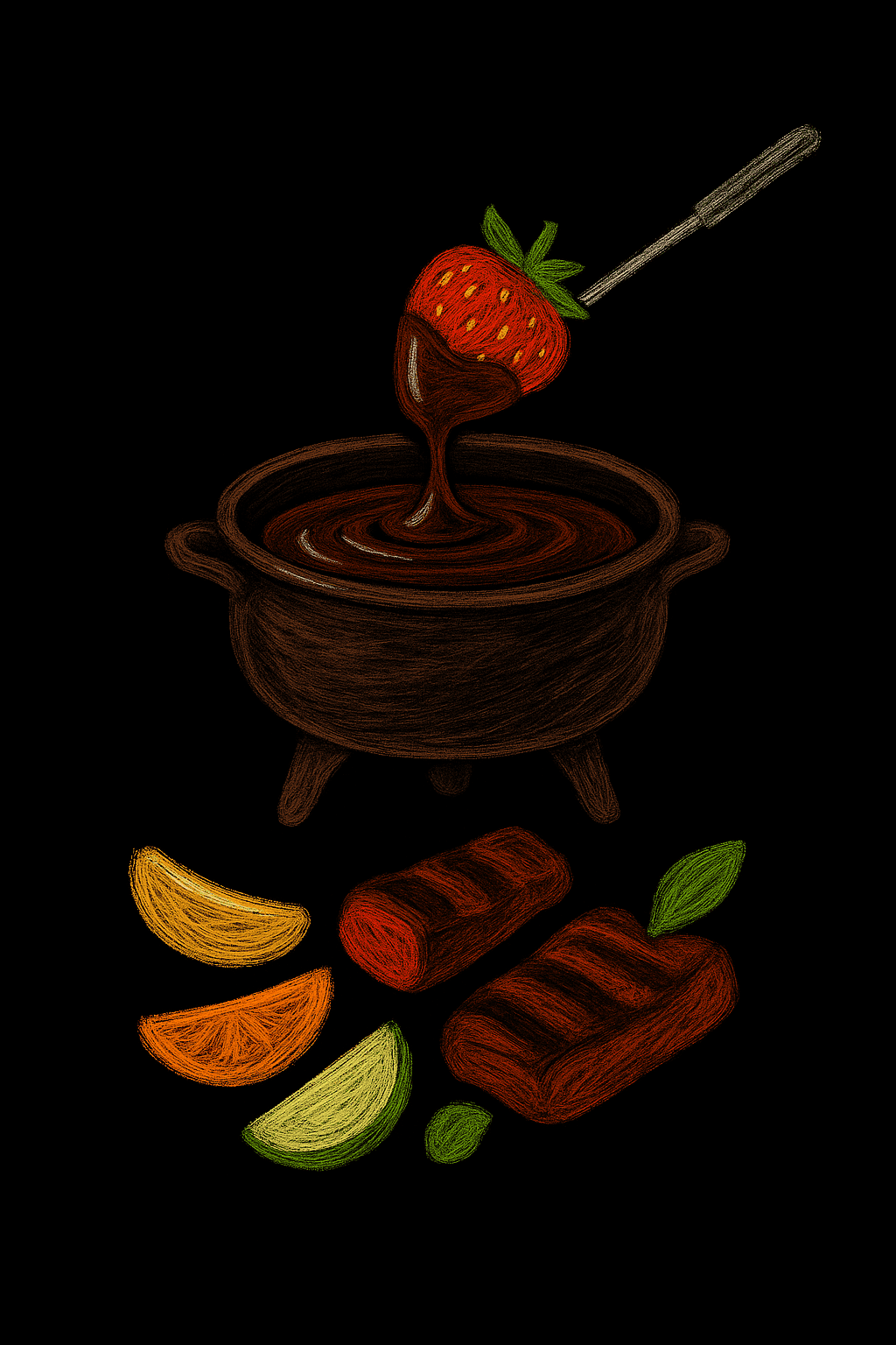 Illustration of dark chocolate fondue with a strawberry dipped in melted chocolate, served with fruit slices and chocolate pieces.