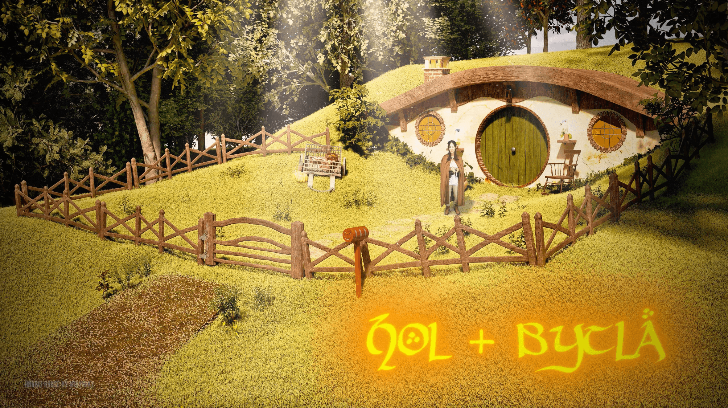 Render of Bag End on its hill, captioned with the Old English words hol and bycla.
