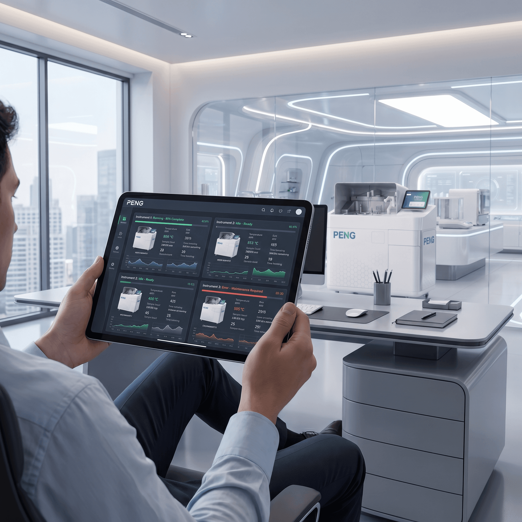 Engineer monitoring Peng Analyzer performance via IoT-connected digital twin dashboard