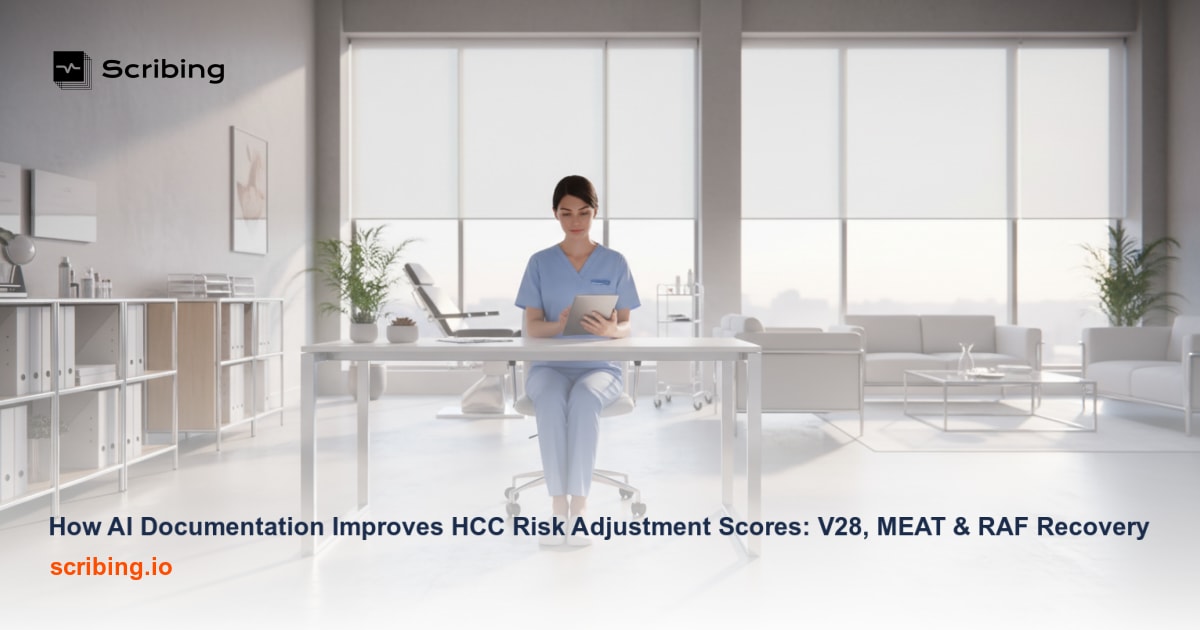 AI-powered clinical documentation system highlighting HCC codes and MEAT criteria for improved risk adjustment scoring