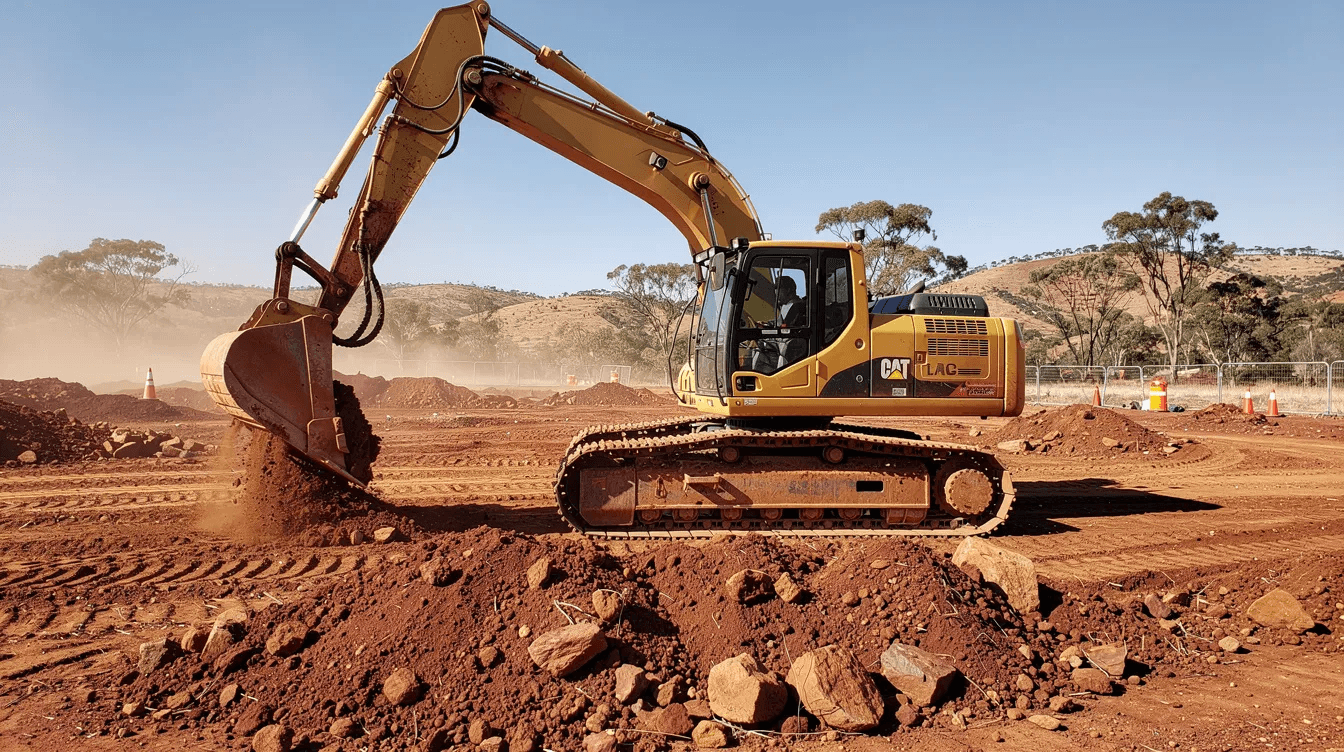 A large yellow excavator is actively working on an Australian earthworks site, surrounded by piles of dirt and construction materials. This heavy machinery is essential for business finance in construction, often funded through asset finance options like finance leases or hire purchase agreements.