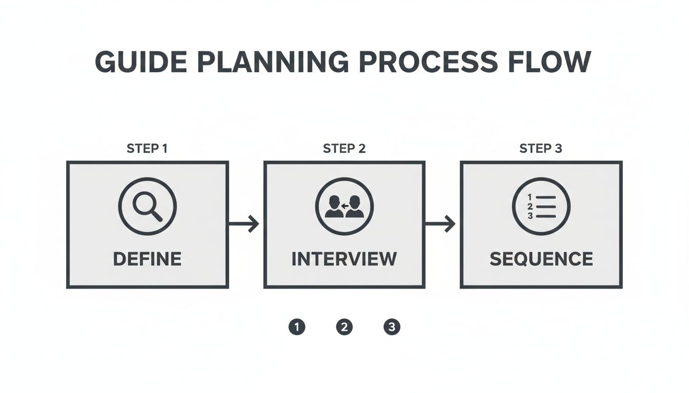 A three-step guide planning process flow with icons for Define, Interview, and Sequence.