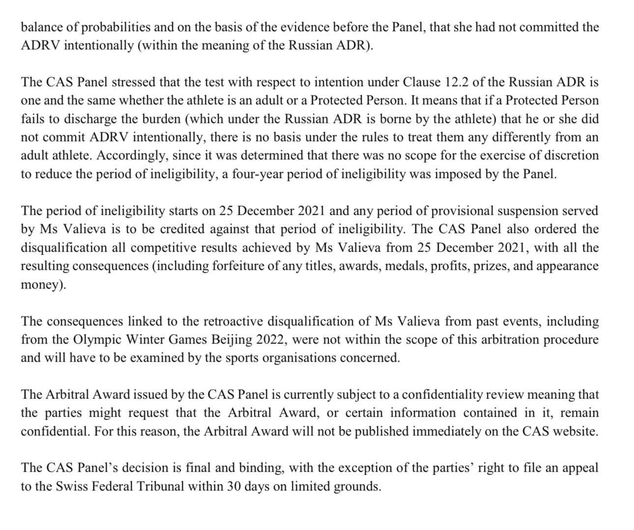 Press Release regarding Valieva's disqualification