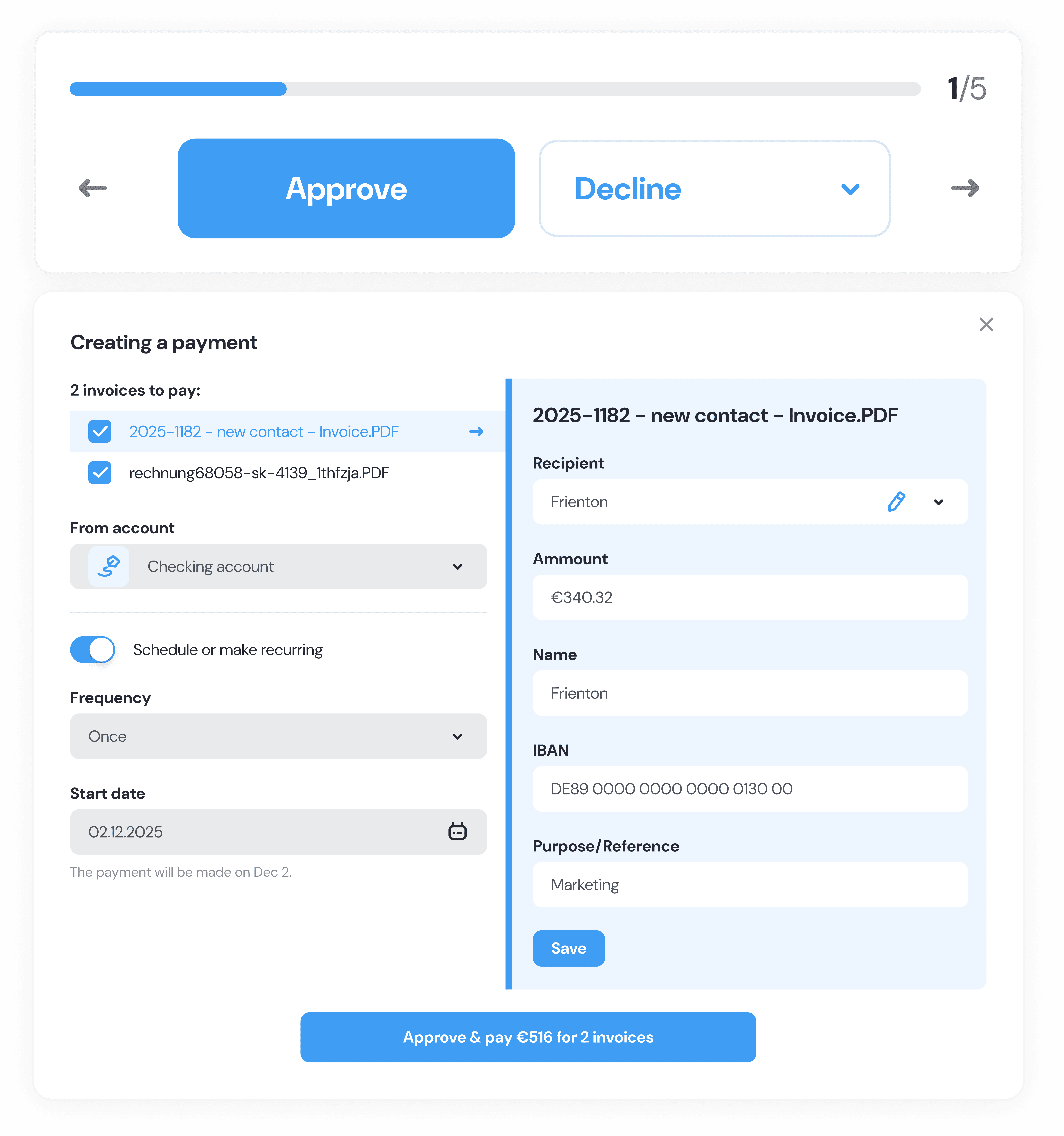 Before and after: separate approval and payment creation screens combined into single sidebar flow with document list, status indicators, and batch payment action