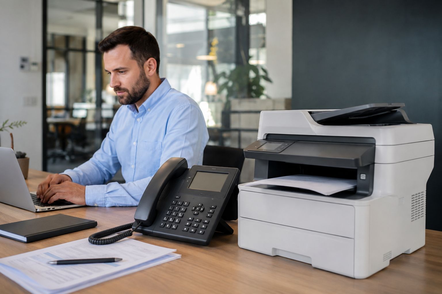 Man working beside a printer and office phone in a modern workspace