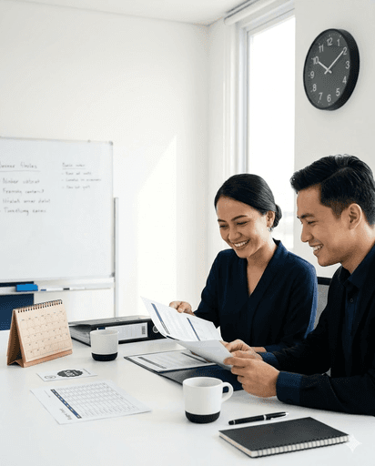 HR dan Finance tersenyum saat meninjau proposal langganan tahunan yang rapi, dengan kalender dan lembar budget untuk menandakan penghematan dan biaya yang lebih terprediksi.