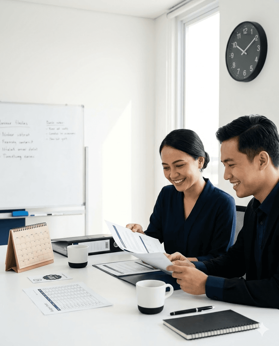 HR dan Finance tersenyum saat meninjau proposal langganan tahunan yang rapi, dengan kalender dan lembar budget untuk menandakan penghematan dan biaya yang lebih terprediksi.