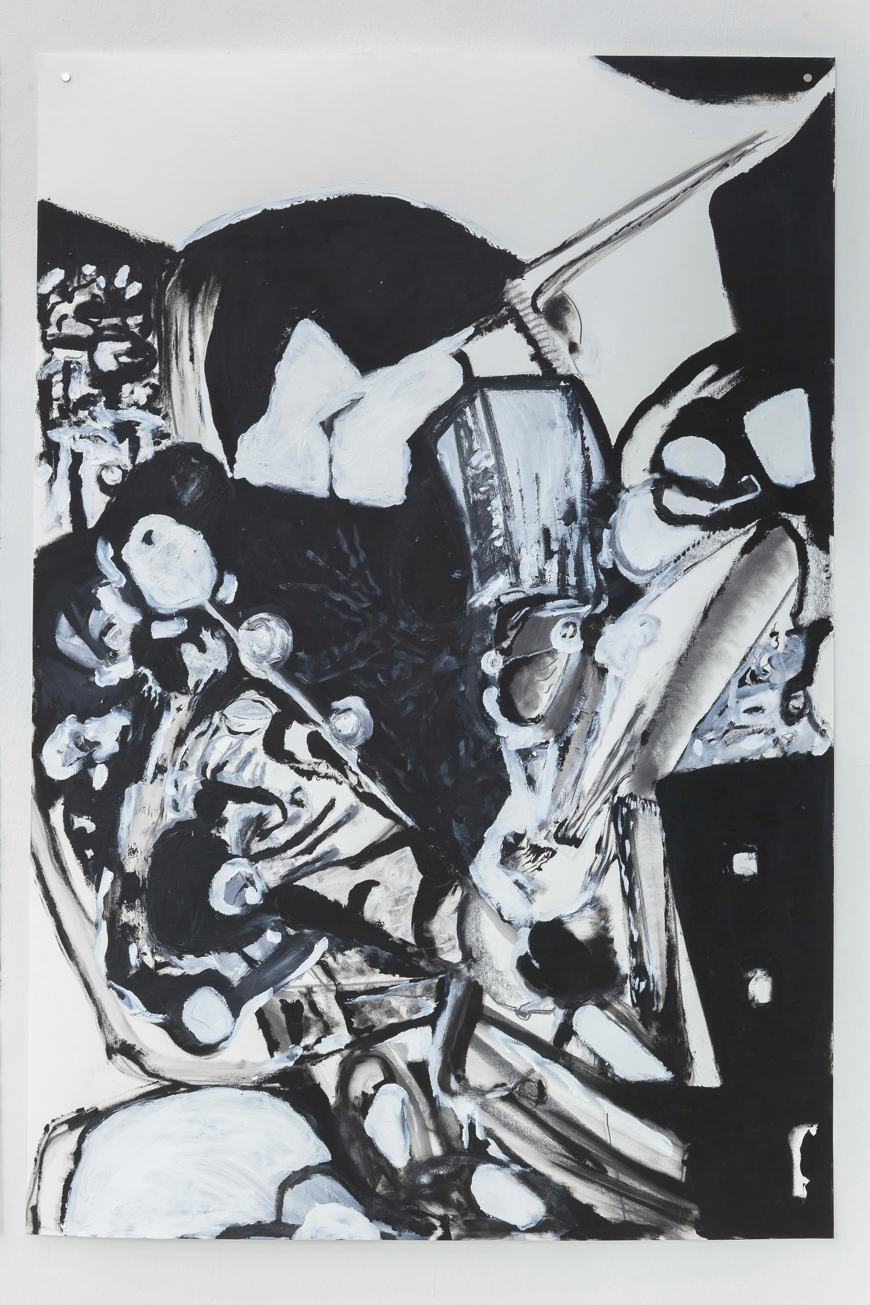 Kederle gülüyorduk o esnada (At that moment, we were laughing with sorrow), 2022. Acrylic and graphite on paper, 44 x 30 inches (112 x 76 cm).