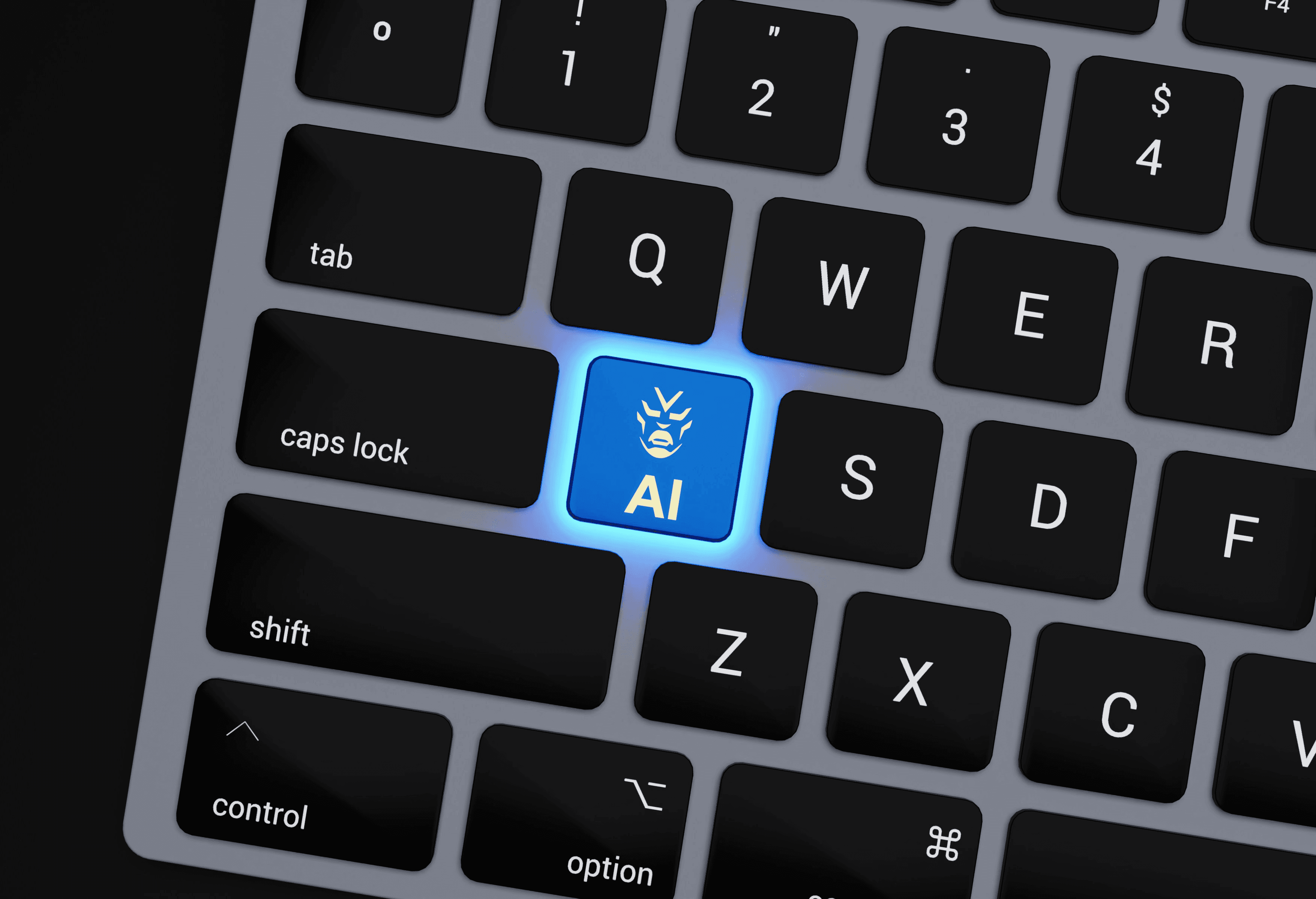 a close up of a keyboard with a blue button