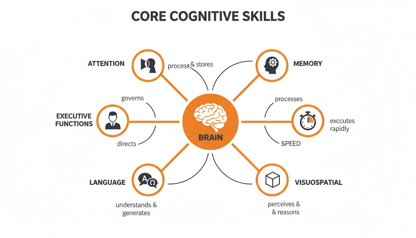 A diagram illustrating core cognitive skills: attention, memory, speed, visuospatial, language, and executive functions, connected to the brain.
