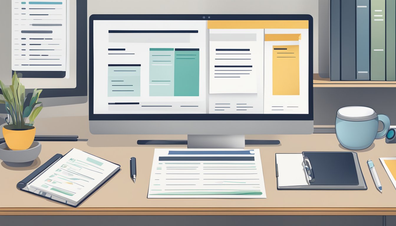 Diese Illustration fängt den Moment ein, in dem ein Recruiter die finale Shortlist an Bewerbern auf seinem Schreibtisch überprüft, symbolisch umgeben von Bewerbungsunterlagen.