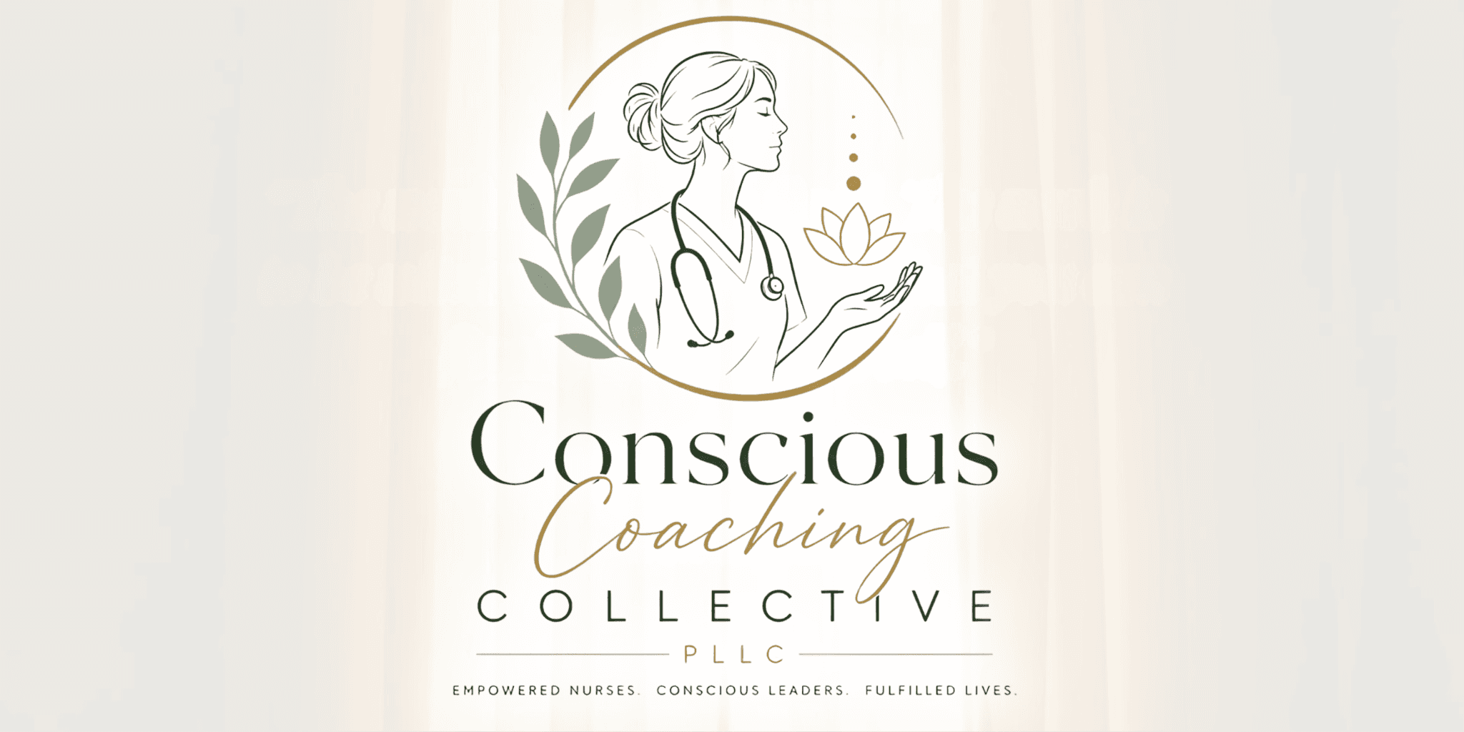 Logo for Conscious Coaching Collective PLLC featuring a nurse illustration, leaves, lotus flower, and wellness-focused branding.