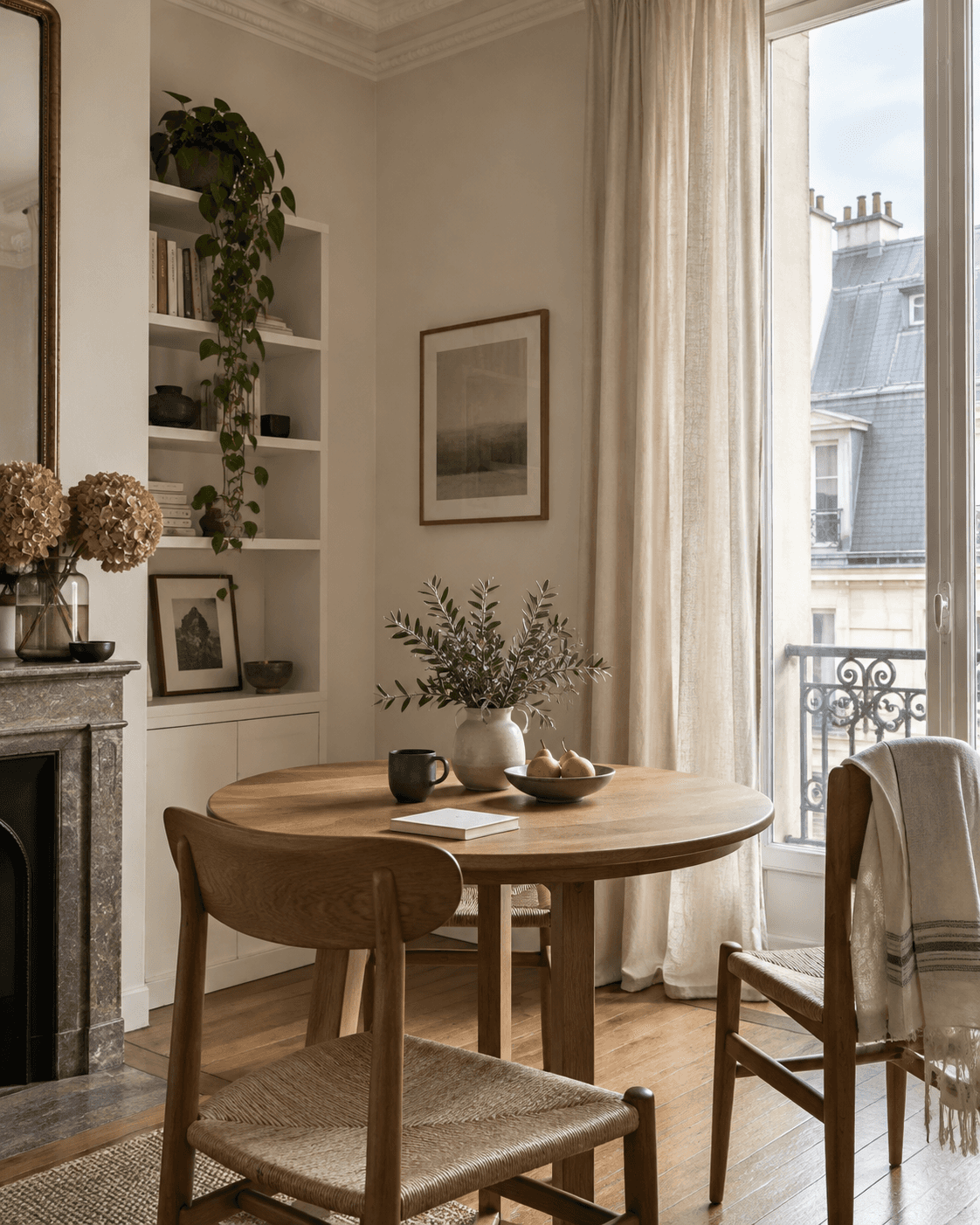 Coin repas résidentiel parisien près d’une fenêtre à rideau de lin