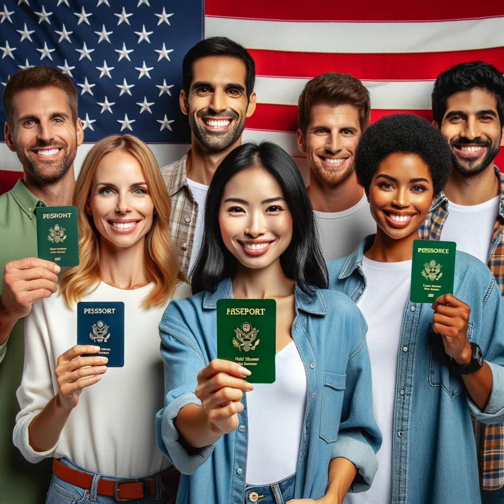 Diverse group of individuals holding green cards with the U.S. flag in the background, symbolizing their journey towards American residency.