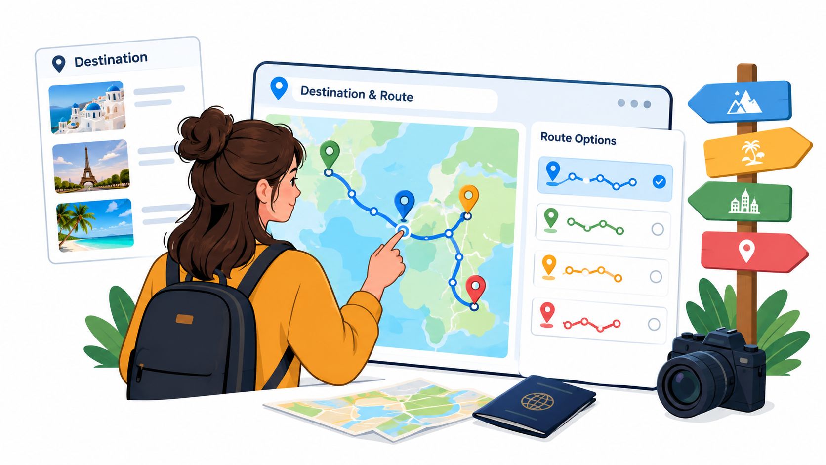 A girl with a backpack planning a trip using a digital travel application on a large tablet.