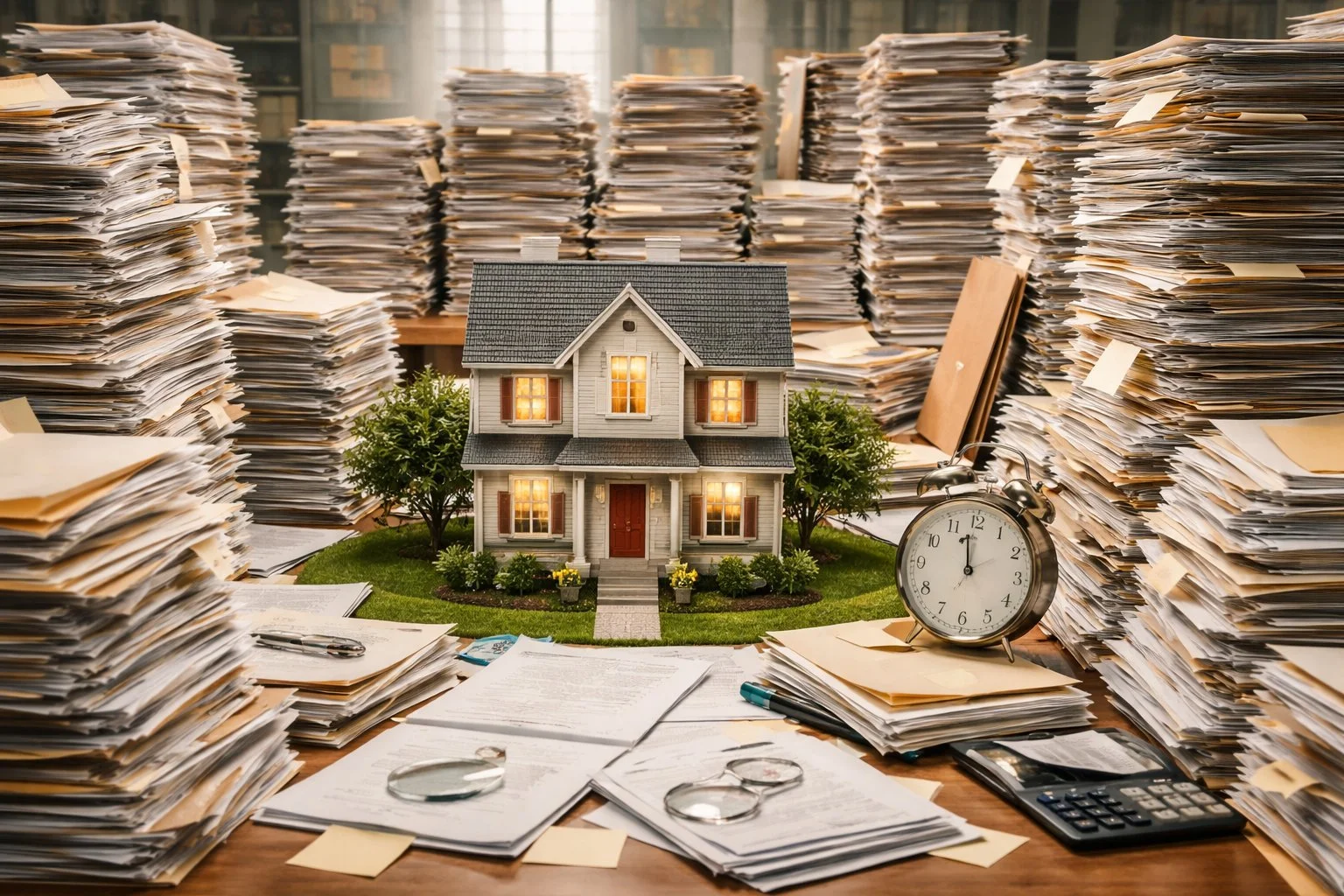Property surrounded by organized files and multiple document stacks, symbolizing administrative complexity and its impact on timing.