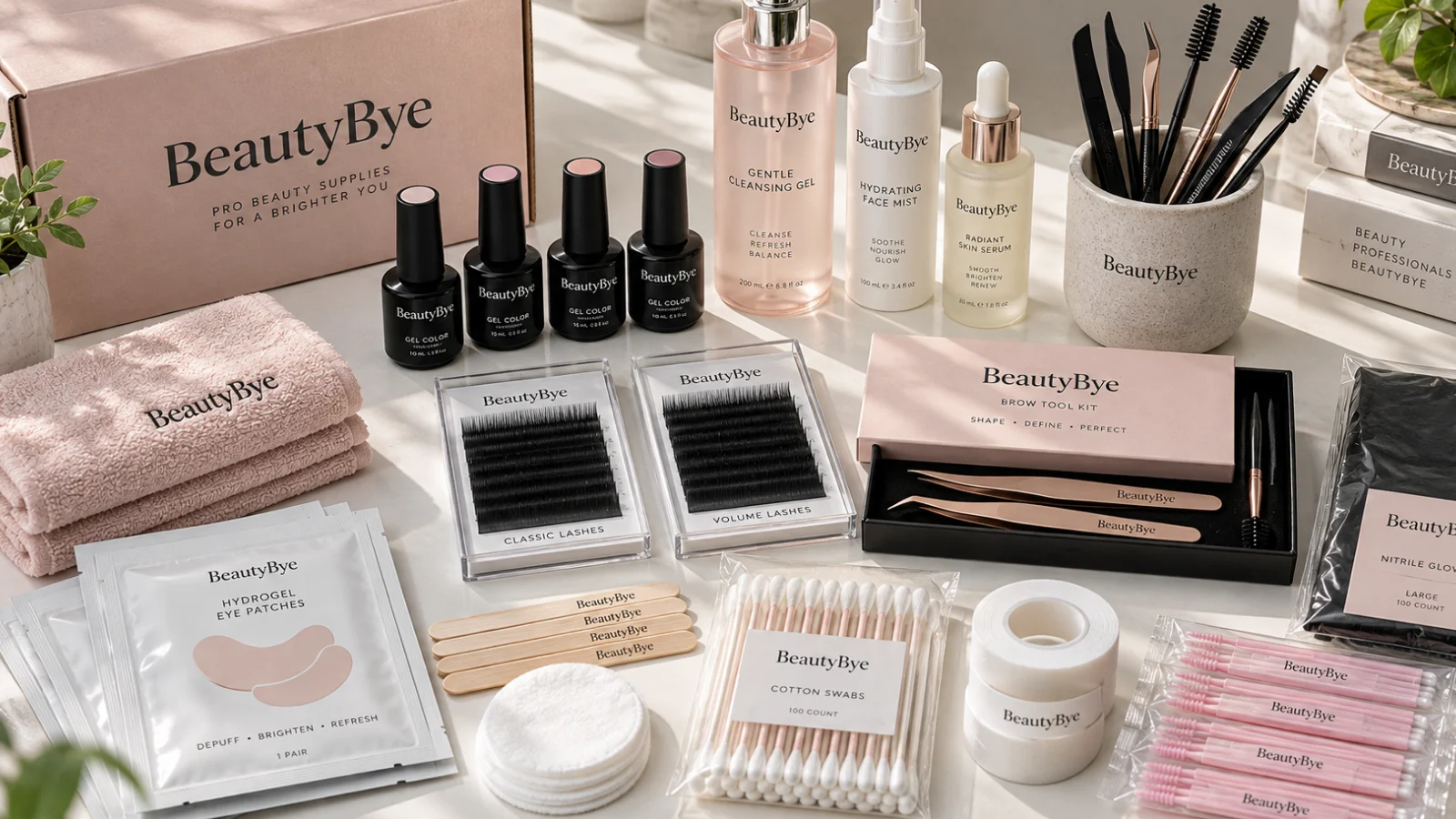 Mixed BeautyBye professional beauty products arranged on a bright neutral stock table