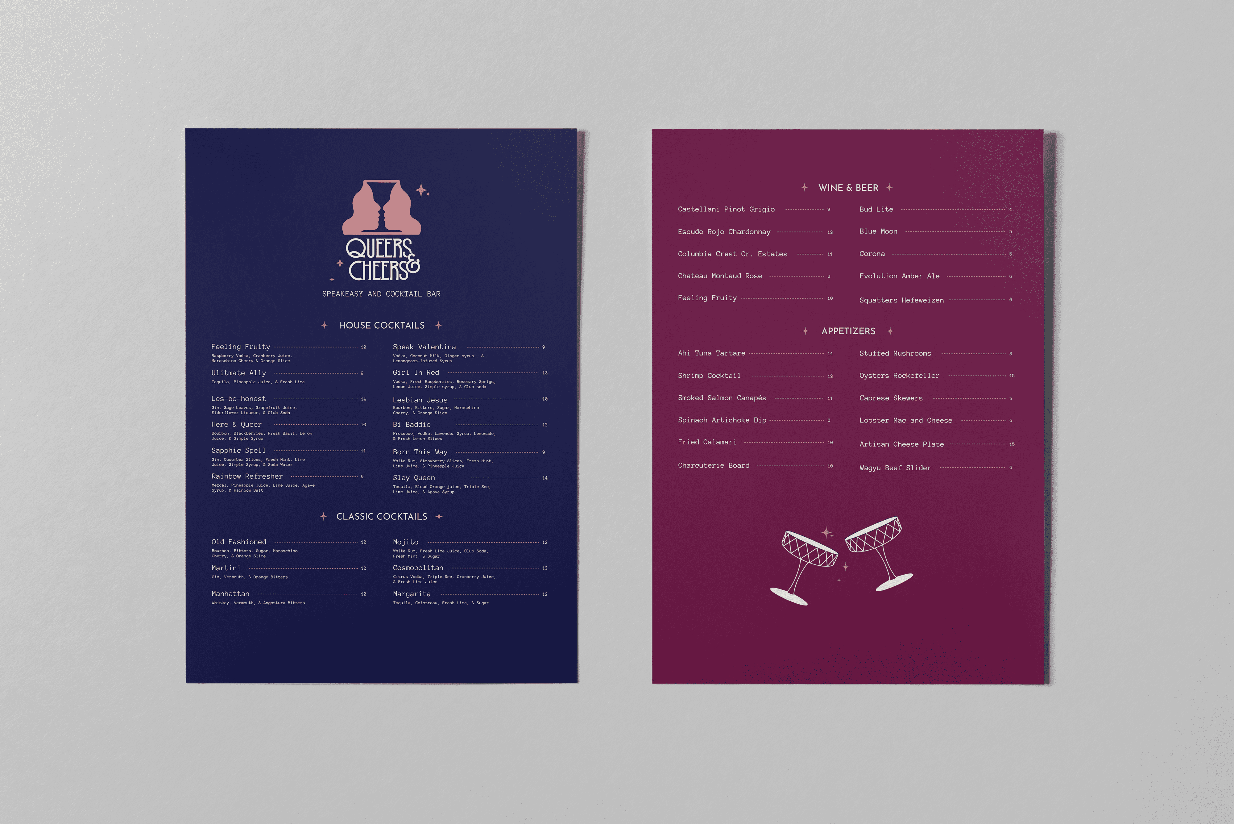 Queers & Cheers Speakeasy and Cocktail Bar menu.