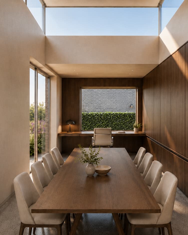 Interieur van eetkamer met lange houten tafel, warme houten wand en hoog daklicht