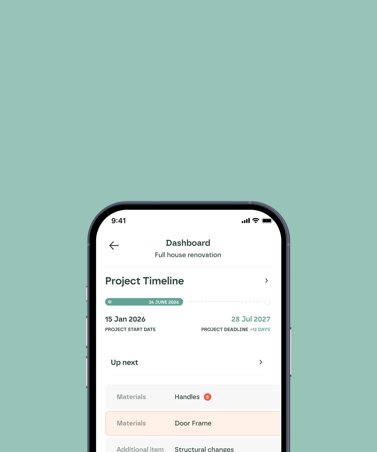 picture of the phone with the rafter app interface on it, showing the timeline of the project and the dashboard of the project. Phone is on the light green background