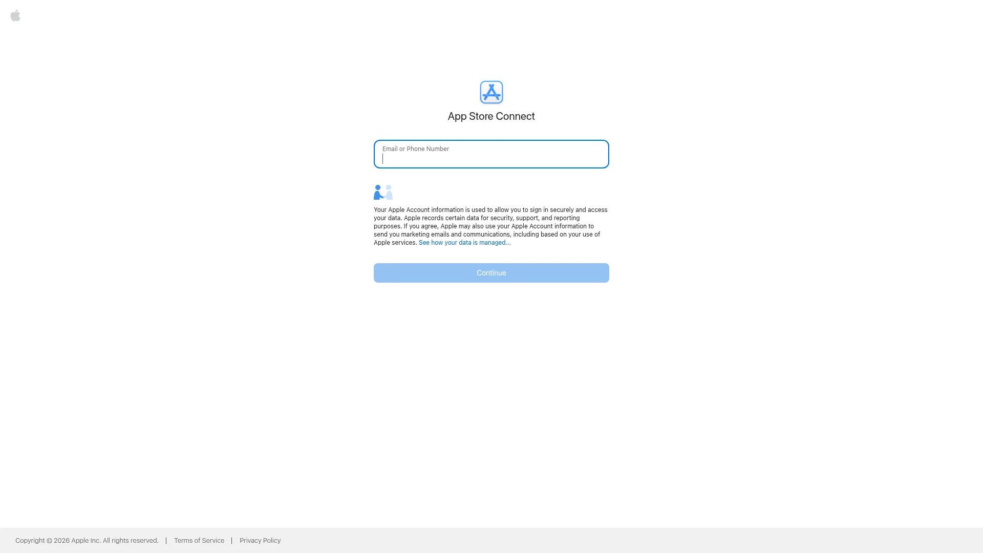 App Store Connect sign-in page where Apple Developer Program members manage apps