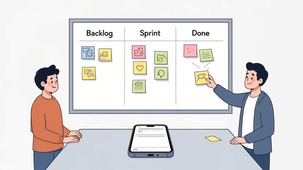 Two cartoon men manage tasks on an agile project board with sticky notes and a smartphone.