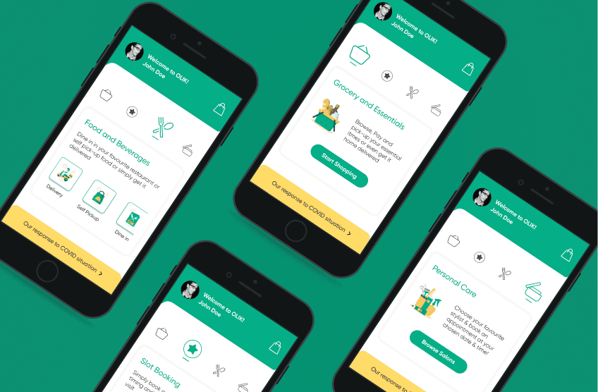 Collage of four overlapping screens from a wellness app, featuring green, white, and yellow palette with custom icons and illustrations