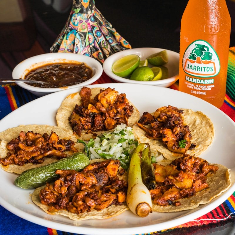 Tacos con salsa fresca servidos en plato blanco.
