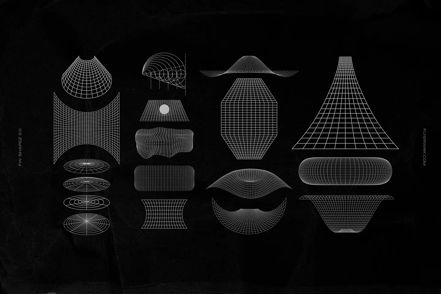 Retro Futuristic Shapes 3D wireframe grid elements with retro landscape and surface meshes