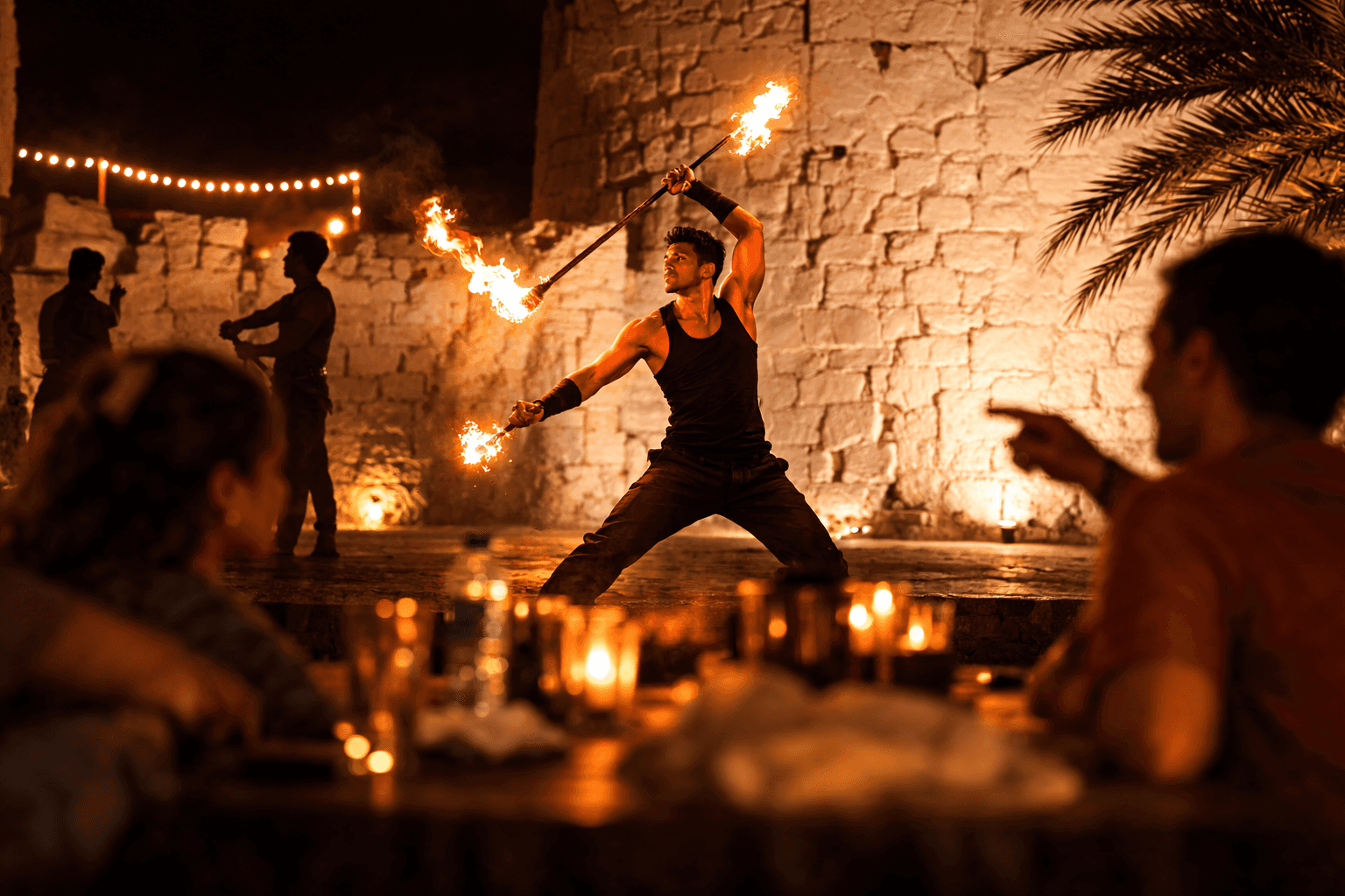 Fire performer entertaining guests during a desert safari dinner show in Dubai